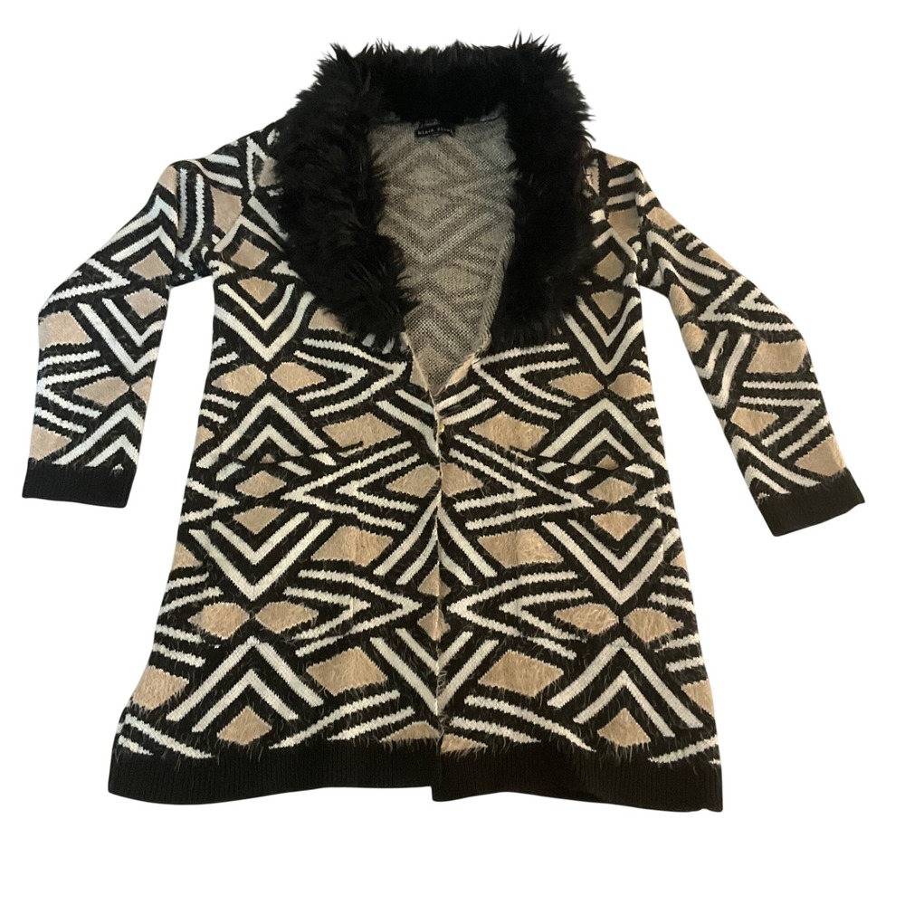 Black Rivet Cardigan Women Large Black Tan Geometric Faux Fur Collar Metallic